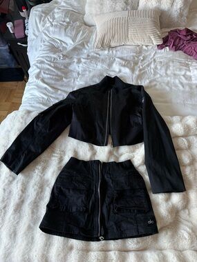 ALO Yoga Black Cropped Utility Jacket and Zip-Front Mini Skirt Set